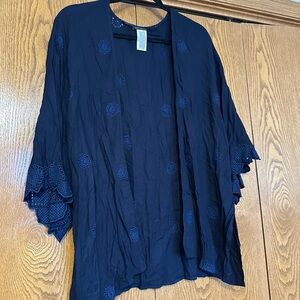 Lucky Brand Navy Blue Open Front Kimono with Embroidered Details